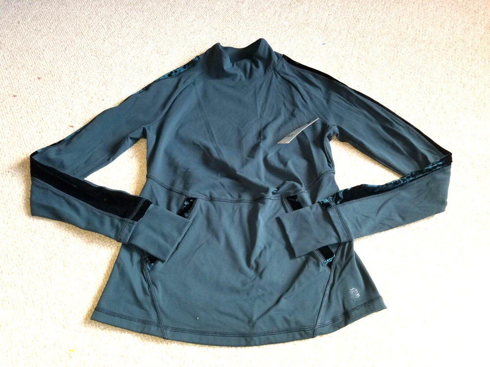 NWT $60 Womens Top-FLX-green stretch knit "Travel/Leisure" mock velvet trim-XS